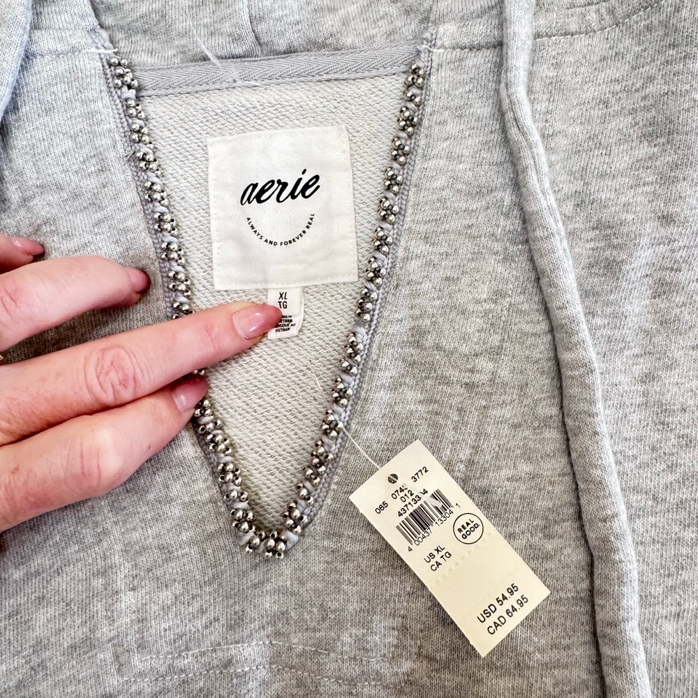 Aerie Beaded Hoodie Heather Grey Sz XL, Y2K - Picture 4 of 7
